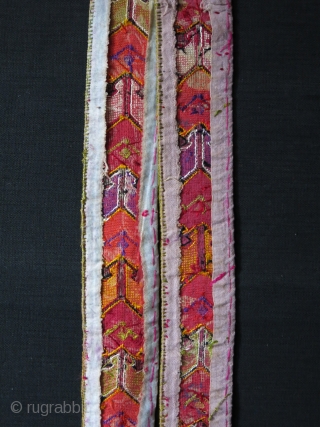 Uzbekistan Lakai cross stitch silk emrboidery pair of belts, overall great condition, no corrosion etc. circa 1920s size: 44" X almost 2.5" --111 cm X 6.5 cm      