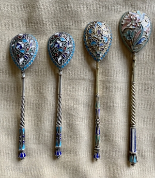 very nice silver enameled spoons                            