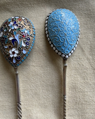 very nice silver enameled spoons                            