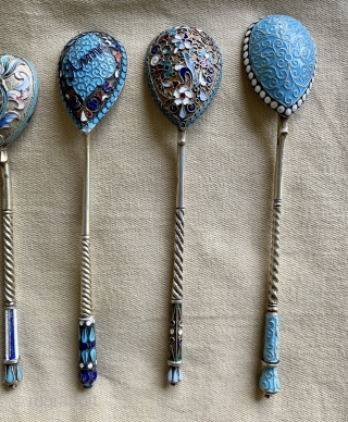 very nice silver enameled spoons                            