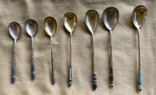 very nice silver enameled spoons                            