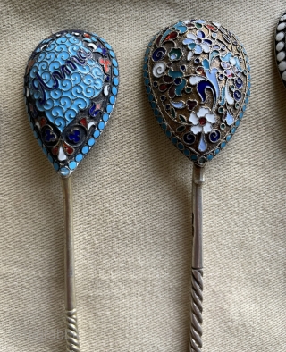 very nice silver enameled spoons                            