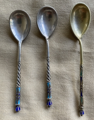 very nice silver enameled spoons                            