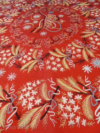 Very nice ottoman turkish textile ; Chain stitch embroideries on red woolen felt. Many very little moth holes. it's complete, no tears, no durty. It needs to be lined. 127 cm X  ...