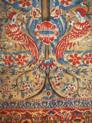 Persian Tree of life pencilled cotton hanging with birds
Circa 1850/1900
Large pencilled and printed hanging probably in Isfahan (Persia). Fully lined with a dyed indigo cotton voile , its "tree of life" design  ...