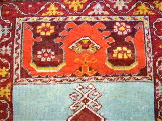 antique Kirshehir prayerrug. Size: 101 x 150 cm. Really good colors. One end is reknotted.                  