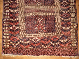 antique Yomud Engsi. Size: 112 x 125 cm. Low pile and used. Very fine knotting.                  