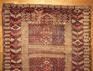 antique Yomud Engsi. Size: 112 x 125 cm. Low pile and used. Very fine knotting.                  