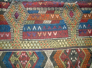 Antique anatolian Konya Cicim Flatwave. Size: 148 x 122 cm. Great colors and fine weaving. Very interesting collectors piece. It is fixed on a silk fabric. Some flaws. Used.    