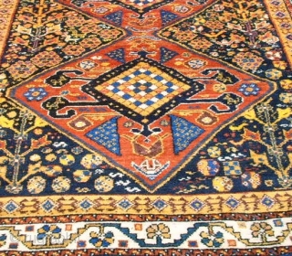 Old fantastic southpersian rug, probaply Khamse?. Size: 155 x 247 cm. Very good condition. Full pile. Great colors and special ornamentic.            