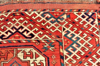 antique Ersari Maincarpet Turkoman rug. Size: 187 x 261 cm. Used condition. Holes. Collectors item. Very interesting piece.               