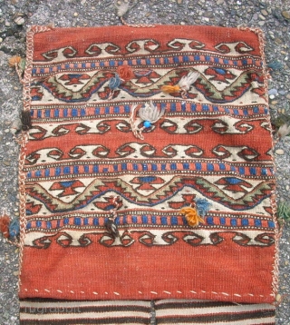 Very old anatolian Heybe. 43 x 144 cm. Used. In the middle holes and repairs.                  