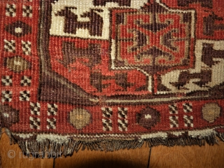 antique Yomud fragment? Size: 149 x 155 cm. Low pile. Used condition.                     