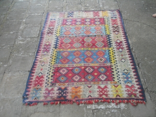 Antique Pirot Sarkoy kilim, named Bombe na table. 
 Dimensions: about 200x150. 
Very rear color combination...                 