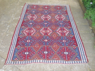 Antique Azerbajijan Sarkoy kilim. 
Dimensions: about 240x160cm. Good condition.
Very rear color combination...                     