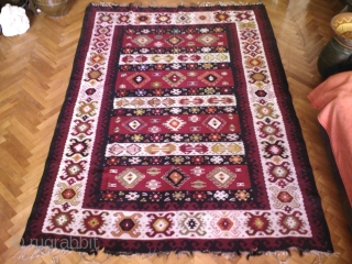 Antique Pirot sarkoy kilim named Kuveri. 
Age: very begining of 20th century.. 
Dimensions:about 200x150, very unique ornament                