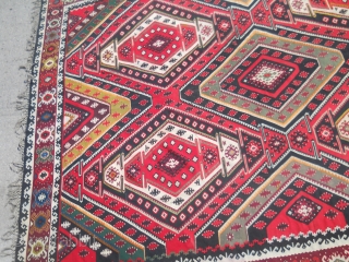 Big, old Sarkoy Pirot kilim, measuring 405 to 330cm, with damage on one side. 

                  