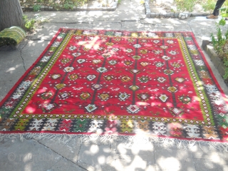 Antique Pirot sarkoy kilim, named Djulovi na direci.
A variant of the tree of life.
Age: beginning of XX century 
Size: 340x280cm, very rear and unique ornament...        