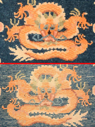 From the Ningxia region of China comes this five dragon carpet with a center field of naturally dyed lightly abrashed blue that was made in the 2nd half of the 1800’s /  ...