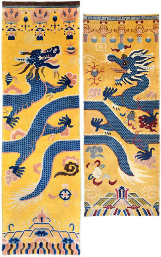 This five clawed left facing blue dragon with burnished yellow background pillar carpet was made in Ningxia and meant to wrap around Buddhist monastery's pillar/s in large 'meditation' halls, so that it  ...