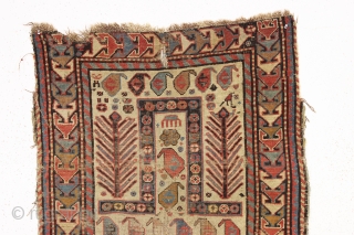 antique akstafa prayer rug. Well drawn older example of the type with excellent natural colors. "As found", very dirty with scattered wear and edge roughness as shown. Priced accordingly. Good age ca.  ...