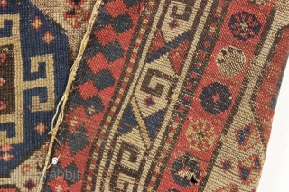 early caucasian rug with archaic drawing. New England find. Moghan? Karrabaugh? Zakatala? "as found", very very dirty with extensive wear and areas of damage as shown. Who knows what it will look  ...