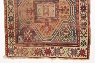antique large kazak rug with an interesting design. Not a star kazak but a kazak with stars. "as found", very dirty and with scattered wear as shown. All good colors. Good age,  ...
