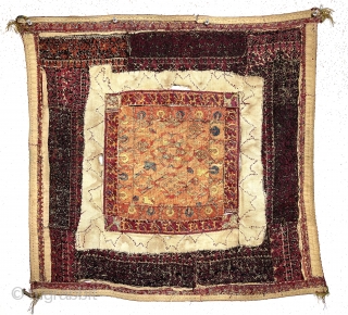 Antique little mystery flat woven square. Greek islands? Old object constructed of many small pieces fitted together. A mix of techniques and materials. Appears to be silk, cotton, maybe linen. Colors look  ...