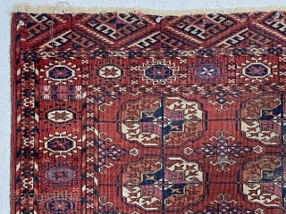 Antique small colorful tekke rug. All good colors and nice fine weave. Skirt or elem panels of different design at each end, a trait I associate with good age. Pile varies from  ...