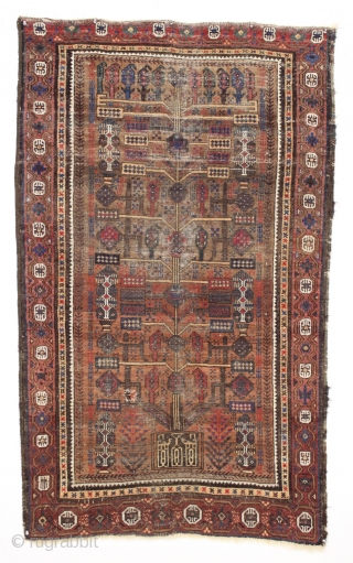 Antique baluch prayer rug. Interesting older example of an unusual design group. Wide range of all natural colors with very nice greens and blues. Areas of wear and with a small patch  ...