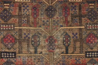 Antique baluch prayer rug. Interesting older example of an unusual design group. Wide range of all natural colors with very nice greens and blues. Areas of wear and with a small patch  ...