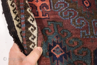 antique diminutive baluch rug in excellent condition with very nice electric blues. Great large scale design. Turkish knotted. Original selvages and end kelims. Good piece with good age, ca. 1880. Great size.  ...