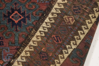 antique diminutive baluch rug in excellent condition with very nice electric blues. Great large scale design. Turkish knotted. Original selvages and end kelims. Good piece with good age, ca. 1880. Great size.  ...