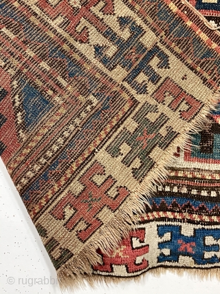 Early colorful moghan Kazak rug with classic memling gul field and nearly square size. Somewhat unusual and spacious ivory border. All good natural colors. As found, scattered areas of wear and a  ...