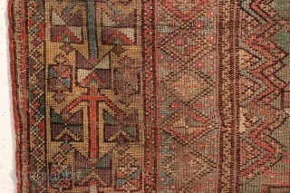 Antique Turkish prayer rug. Unusual and interesting border. Very dirty but appears to have terrific colors under all that grime. Beautiful grape purples, rich greens and clear yellow/golds.. Abused and damaged comdition.  ...