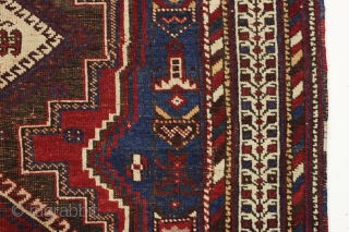 antique diminutive afshar rug. Nice almost square size. Fun border. "as found", dirty with a bit of wear but complete with original fancy selvages and kelim ends. Oxidized browns. Charming little rug.  ...