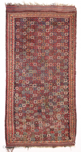 antique south persian rug with an attractive unusual design and overall good condition. All natural colors. Good even pile with slight center wear. Reasonably clean and ready for floor or wall display.  ...