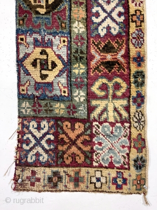 Antique rug fragment. Origin? Great natural colors. Good pile. As found, in need of a wash. Old. 17” x 67”
             