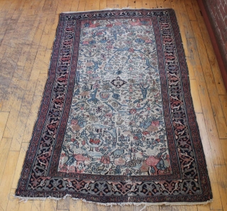 Rare Persian circus rug. Not one but two elephants. Add a few clowns and you have a circus. A deep wear crease (see pic), some rough ends. Early 20th c. Probably northwest  ...