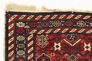 antique shirvan rug. Unusual design. Untouched near original condition with original selvages and end braiding. All beautiful natural colors. Recent wash. Late 19th c. Great small size 3'3" x 4'4"   