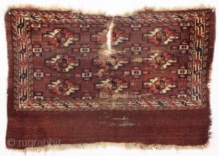 Antique yomud chuval. "as found", dirty with damage as shown. All natural colors. 19th c. 2'6" x 3'8"               