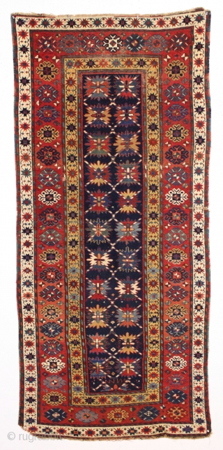 antique kazak or gendge rug with an interesting design and superb natural colors. Very high qualty weaving with beautiful wool. Deep blue ground. Washed but unrestored with mostly good pile, slight scattered  ...