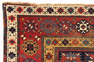 antique kazak or gendge rug with an interesting design and superb natural colors. Very high qualty weaving with beautiful wool. Deep blue ground. Washed but unrestored with mostly good pile, slight scattered  ...