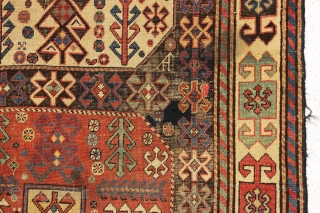 antique caucasian long rug, probably akstafa, with an interesting design featuring bold chajli type medallions. As found, with good fine weave and allover low pile, heavy brown oxidation, a few crude patch  ...