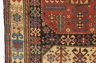 antique caucasian long rug, probably akstafa, with an interesting design featuring bold chajli type medallions. As found, with good fine weave and allover low pile, heavy brown oxidation, a few crude patch  ...