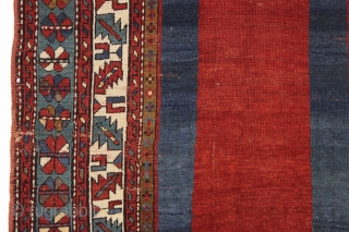 antique kazak rug with an eye catching empty field. Mostly good pile. As found, a bit dirty with scattered slight wear, few very small holes and creases as shown. Original selvages and  ...