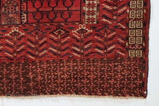 Antique Tekke ensi with rich red ground, glossy wool, and vibrant electric blue highlights. Mostly good even pile with scattered light wear. No repairs. All natural colors. Reasonably clean. Text book example  ...