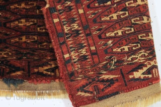 antique little tekke mafrash. In as found condition, very dirty and or smoked, decent pile but edge damage with sewn on cloth backing. Colors on back look great, front not so much.  ...