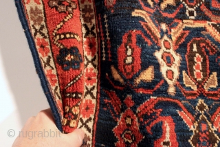 Antique Afshar rug with classic design and good "as found" New England house condition.  Good meaty pile with all natural colors. All wool. A couple of spots needing easy repair (now  ...