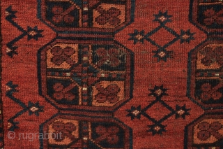 Antique little ersari rug. "As found", even low pile with a small spot of wear, brown oxidation or old moth (fingernail size hole). All good colors. Could use a wash. Looks like  ...
